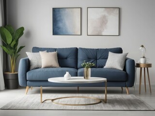 A Serene Living Room Featuring A Deep Blue Sofa, Perfectly Complemented By Minimalist Art And A Stylish Coffee Table, Bathed In Soft Natural Light