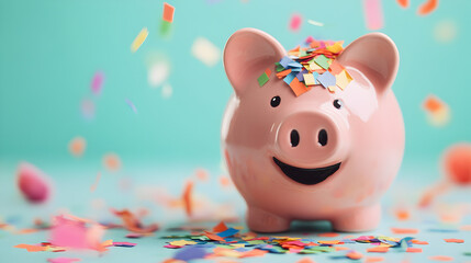 Celebration of savings piggy bank surrounded by colorful confetti studio environment