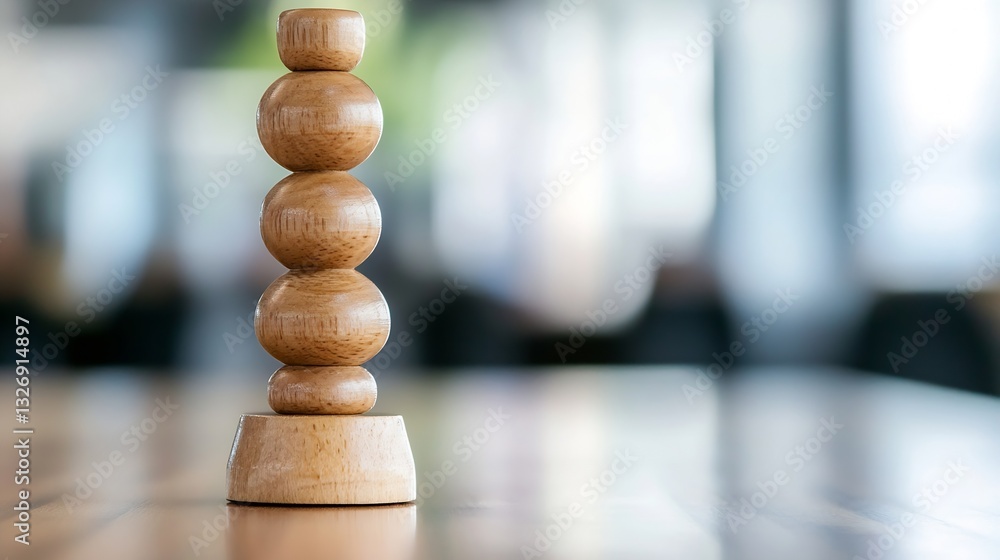 Poster elegant wooden sculpture stacked creatively on table with blurred background in modern interior : ge