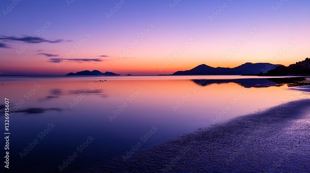 Poster tranquil evening beach scene with vibrant sunset colors reflecting in calm waters : generative ai
