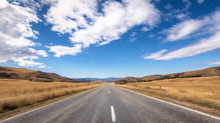 Fototapeta premium Expansive and Serene Open Road Under a Clear Blue Sky with Rolling Hills : Generative AI