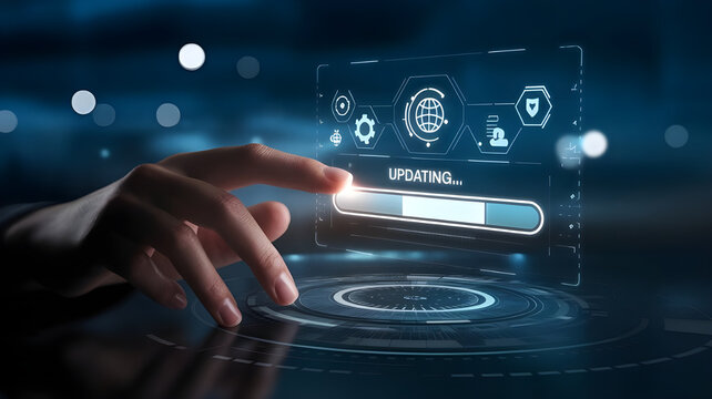 Futuristic Hand Interacting with Holographic Updating Progress Bar.