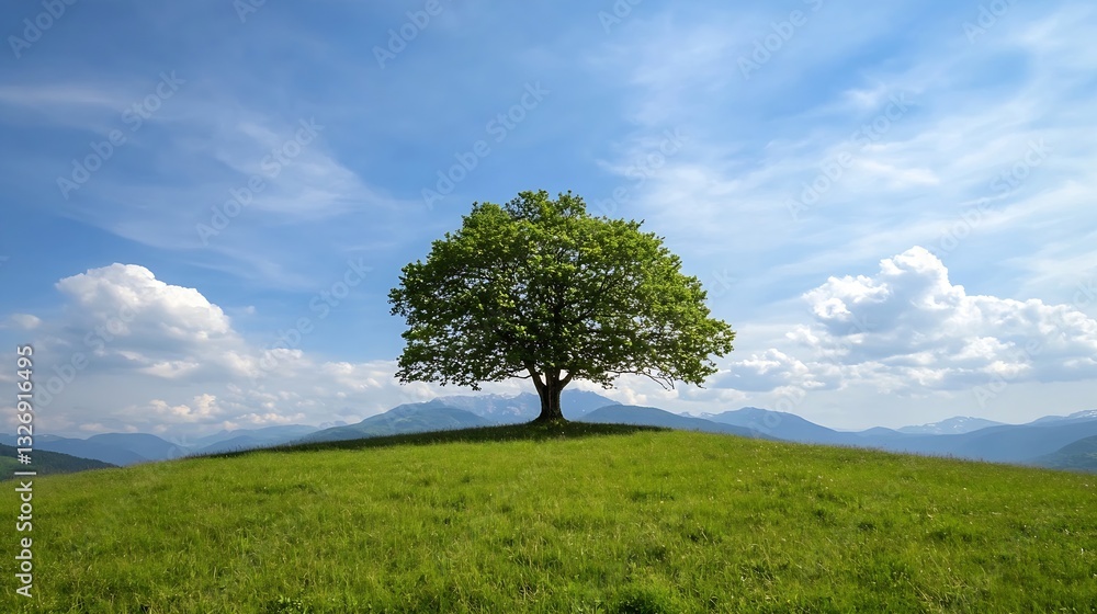 Poster lone tree standing tall on a green hill under a bright blue sky with clouds : generative ai