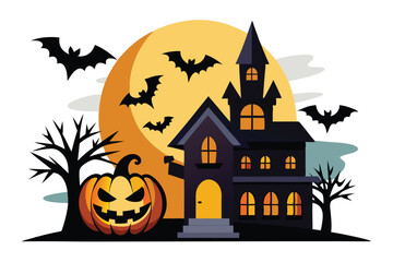 Happy halloween card with haunted castle and pumpkins