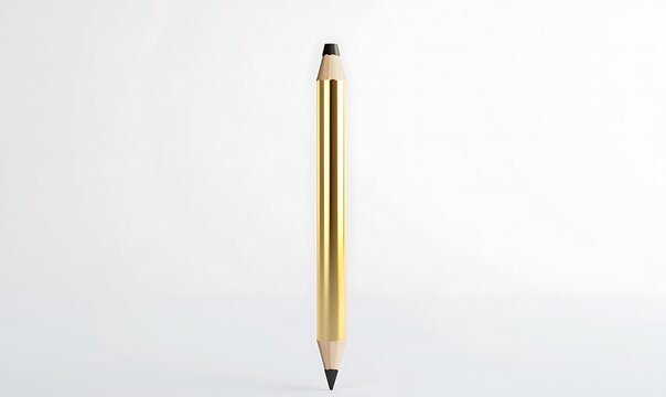 A shiny golden pencil stands upright in the blank white space