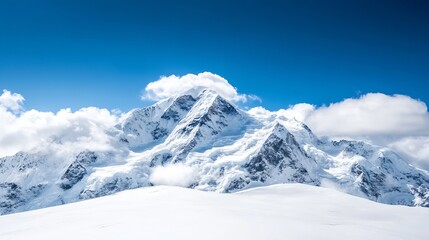 Majestic SnowCapped Mountain Under Bright Blue Sky with Shimmering Clouds : Generative AI