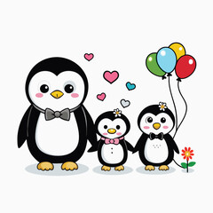 Watercolor valentine's day animal couple. Cute Penguins in Love, Holding Heart Balloons vector cartoon illustration isolated on white background