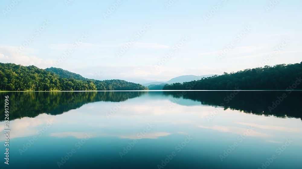 Poster serene landscape view of a calm lake reflecting lush green trees and blue skies during daytime : gen