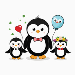 Fototapeta premium Watercolor valentine's day animal couple. Cute Penguins in Love, Holding Heart Balloons vector cartoon illustration isolated on white background