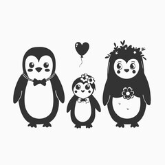 Black silhouette Penguins family in Love, Holding Heart Balloons, Celebrating Valentine's Day, Isolated vector illustration
