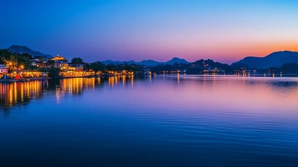 Serene Lakeside Town at Dusk, Illuminated Buildings, Mountain View