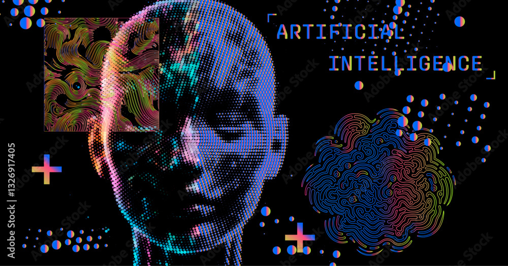 Poster the vector illustration features a pixelated human face with abstract shapes and neon colors on a bl