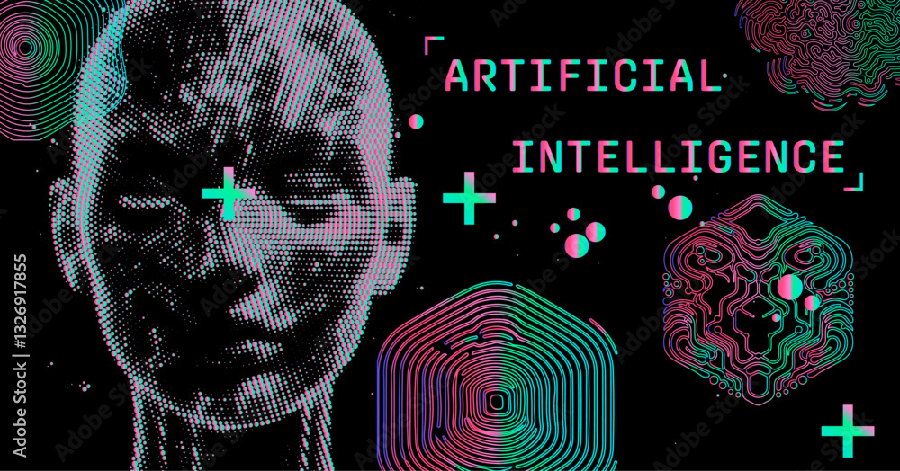 Aufkleber the vector illustration features a pixelated human face with abstract shapes and neon colors on a bl