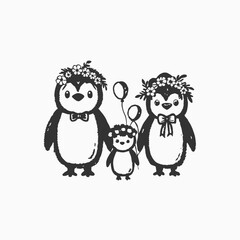 cute penguin couple hugging each other, Hand drawn characters in love cartoon silhouette illustration
