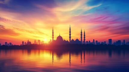 Serene Mosque Silhouette at Sunset Cityscape