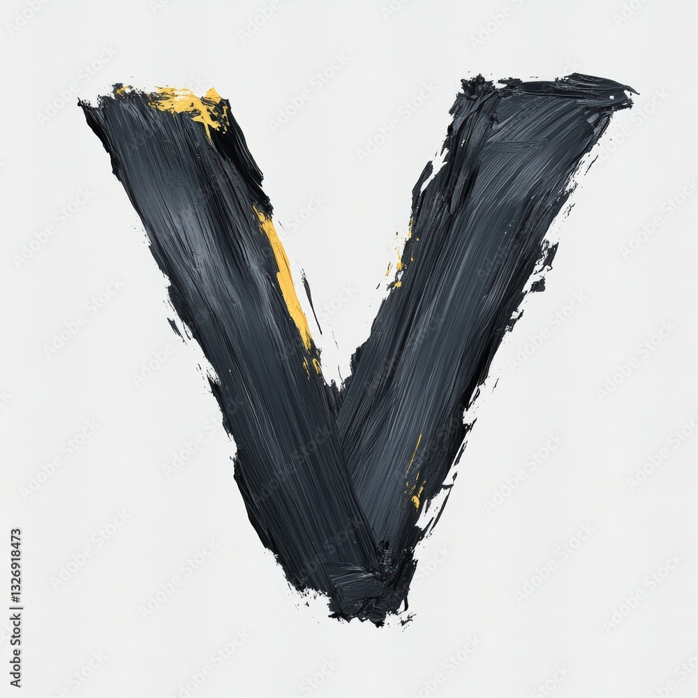Poster bold presentation of the letter v created with dynamic brush strokes in contrasting colors on a neut