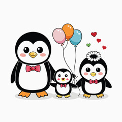 Cute valentines day animal couple. Couple of animals, three cute penguins fall in love. Adorable pair of lovers with pink heart flirting with each other. Cartoon vector illustration