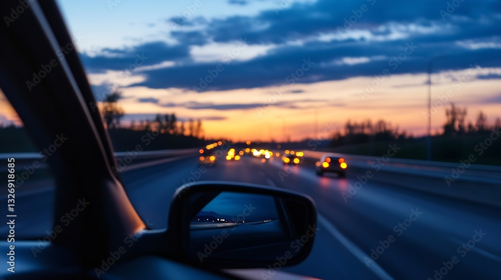 Poster Scenic view from inside a car with blurred traffic at sunset casting beautiful colors in the sky : Generative AI