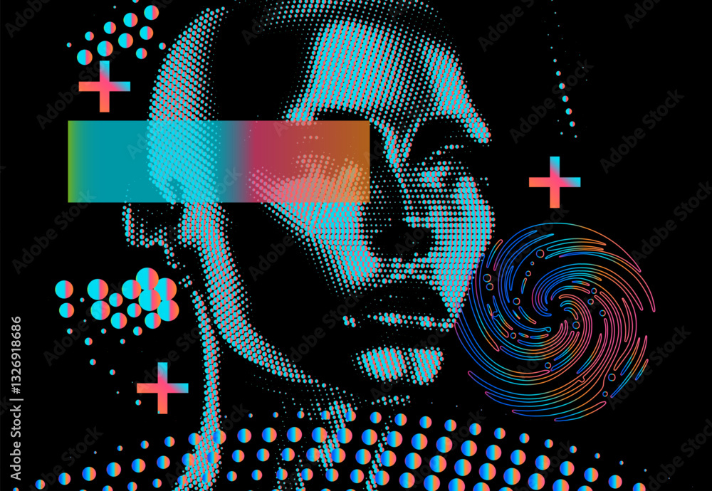 Aufkleber This image is a digital artwork featuring an abstract human face with pixelated effects and vibrant colors. The design includes geometric shapes, dots, and a swirling pattern, creating a futuristic an
