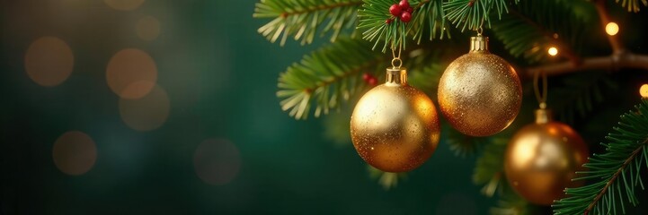 Glittering gold ornaments hanging from a festive holly garland, ornaments, glittering