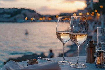 Obraz premium Romantic seaside dining setup featuring two glasses of white wine on a table overlooking the ocean at sunset
