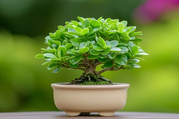 Fototapeta premium Lush Green Bonsai Tree in Beige Pot Against Blurred Green Background