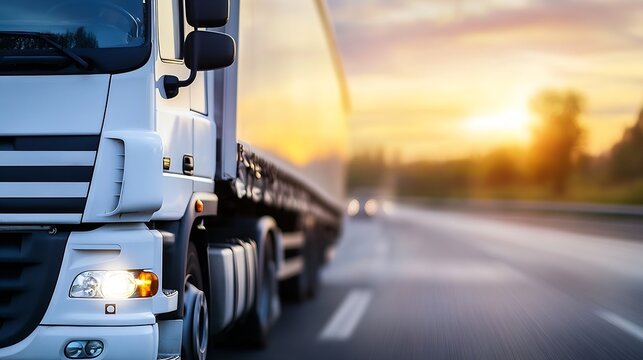 Large white delivery truck driving on the highway at sunset showing the motion and speed of transportation : Generative AI