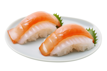 Side view of two beautifully crafted squid sushi pieces, each placed on a small mound of rice, isolated on white background