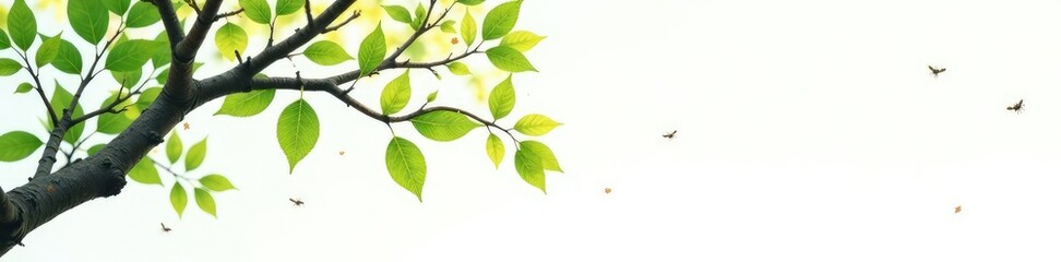 Fototapeta premium Isolated tree branches on a white background with some subtle hints of green and some tiny insects, abstract, clean, foliage