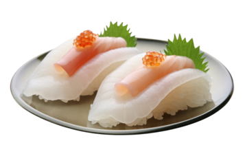 Side view of two beautifully crafted squid sushi pieces, each placed on a small mound of rice, isolated on white background