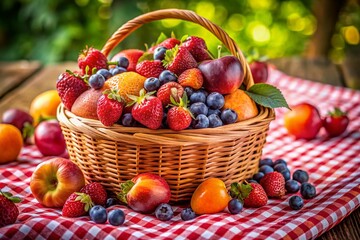 Fresh Summer Fruits in Rustic Wicker Basket on Gingham Tablecloth - Stock Photo