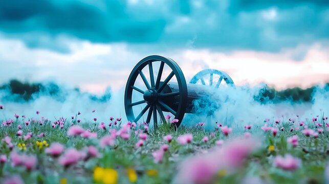 Antique Cannon in Pink Flower Field with Dramatic Sky