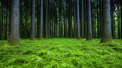 Fototapeta premium Lush Green Mossy Forest Floor Under Tall Dark Pine Trees