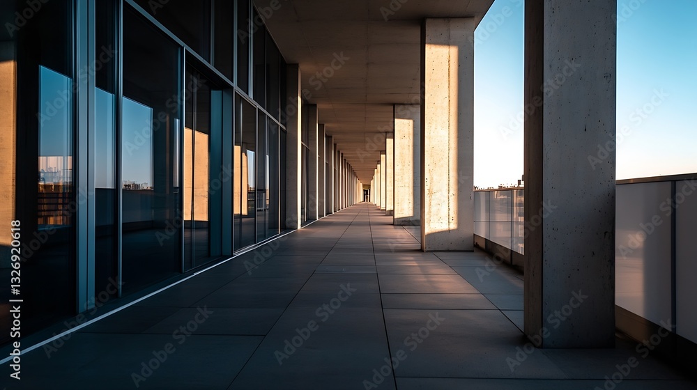 Poster modern architectural corridor featuring sleek lines and natural light in a minimalist setting : gene
