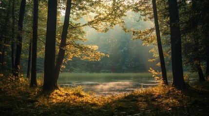 Fototapeta premium Serene Sunrise Over Forest Pond, Golden Light Filtering Through Trees