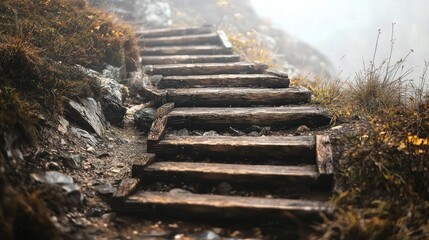 Misty Mountain Wooden Steps: A Journey Upward