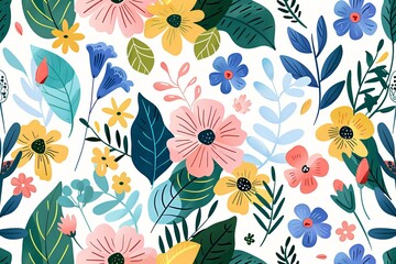 Vibrant Seamless Pattern of Spring Flowers and Leaves with Clean Lines and Detailed Elements