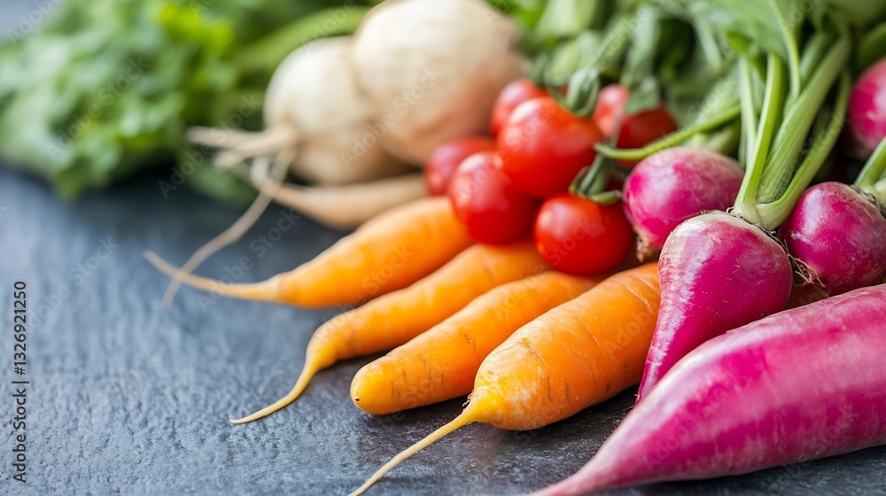 Poster fresh organic vegetables including carrots and tomatoes arranged on a slate background : generative 