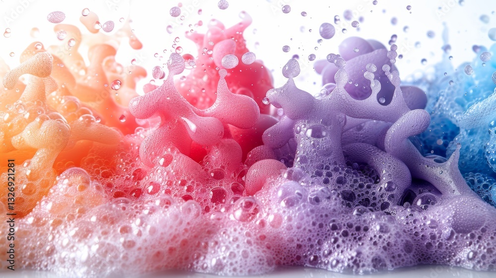 Poster vibrant soap foam with colorful bubbles isolated on a white background with clean lines and perfect 
