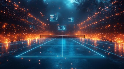 Futuristic Digital Tennis Court with Glowing Panels and Stats. Generative AI