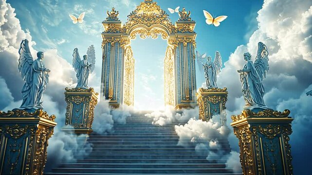 Majestic stairway heaven with ethereal clouds and angelic figures, a dreamy paradise visual