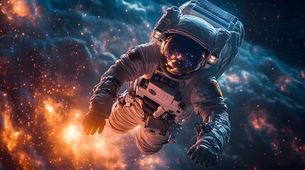 Bright astronaut with glowing light floating in vast cosmic sky