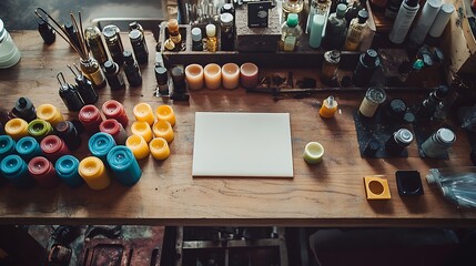 Workspace with blank canvas, colorful candles, art supplies