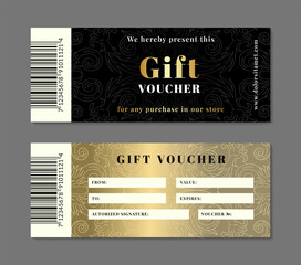 Black and gold ornate gift vouchers with barcode. Dark elegant classic design, retro baroque ornament. Vintage style certificate template. EPS 10 vector illustration.