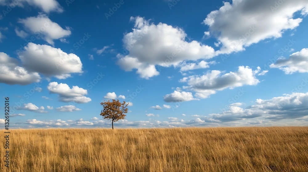 Poster solitary tree in open field under bright blue sky with fluffy white clouds over golden grass : gener