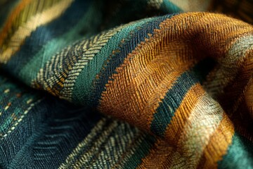 Vibrant Textured Woven Fabric with Deep Green and Terracotta Colors under Soft Lighting