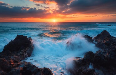 Fototapeta premium Dramatic sunset over crashing waves on volcanic rocks