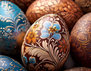 Close-up of Easter eggs with intricate floral patterns, set against a soft, neutral background