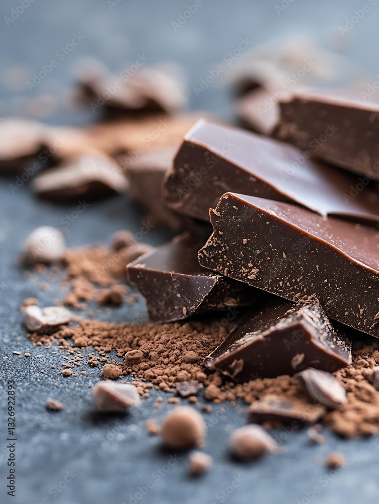 Poster rich dark chocolate chunks with cocoa powder scattered on dark stone : generative ai