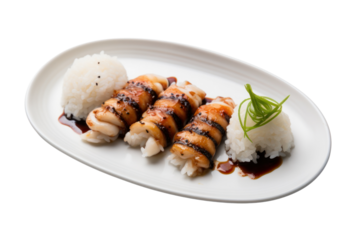 Close-up of two squid sushi pieces with delicate white squid slices laid on compact rice, isolated on white background